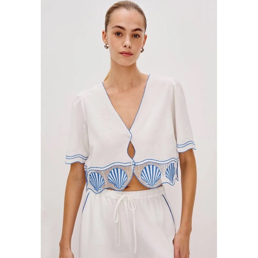 Rails Venice Cotton Linen Seashell Embroidered White Blue Crop Top Size Medium